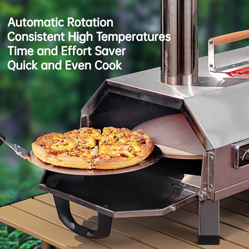 Stainless Steel Pizza Oven Outdoor 12" Automatic Rotatable Pizza Ovens, Portable Wood Fired Pizza Oven Pizza Maker With Timer, Built-In Thermometer, Pizza Cutter & Carry Bag - Silver