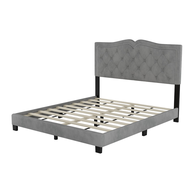 Queen Size Upholstered Bed Frame with Rivet Design, Modern Velvet Platform Bed with Tufted Headboard,Gray