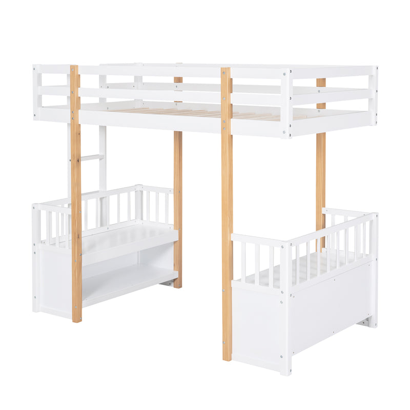 Wood Twin Size Loft Bed with 2 Seats and a Ladder, White