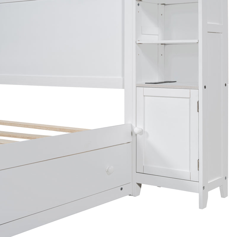 Queen Size Wooden Bed With All-in-One Cabinet, Shelf and Sockets, White