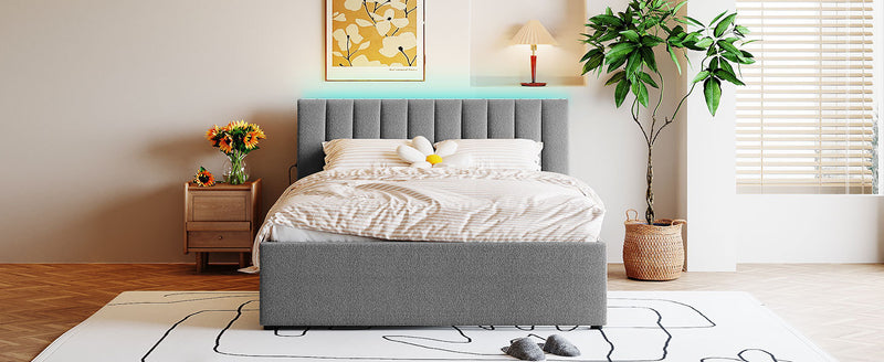 Teddy Fleece Queen Size Upholstered Platform Bed with Trundle, Gray