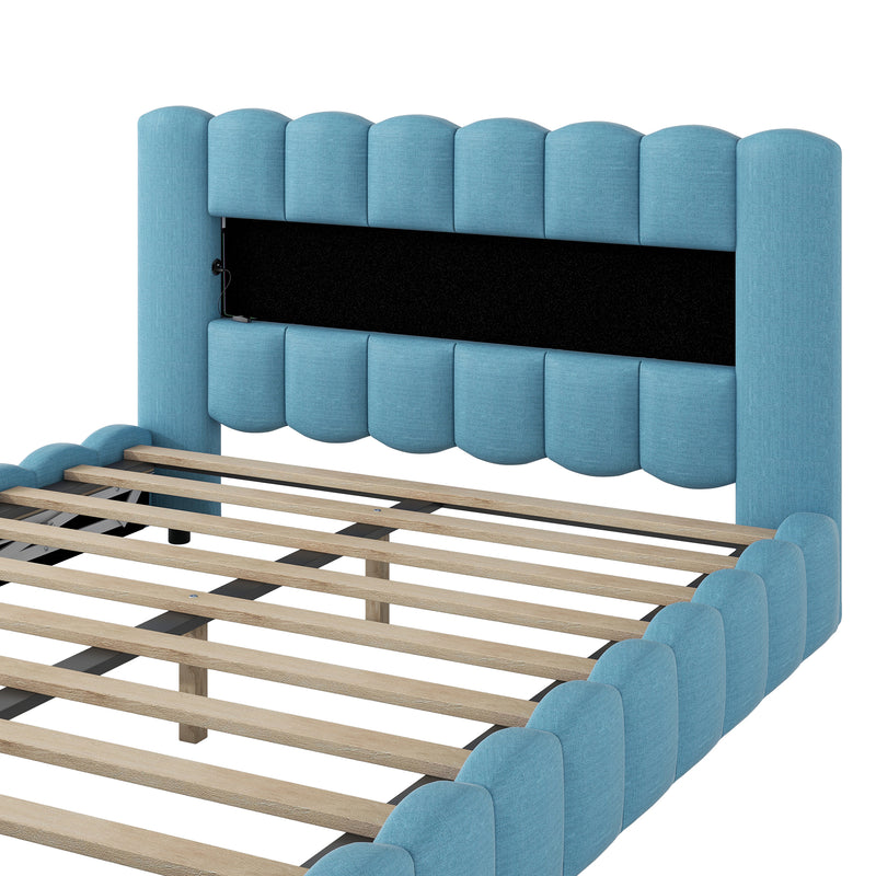 Queen Size Upholstered Platform Bed with LED Headboard and USB, Blue