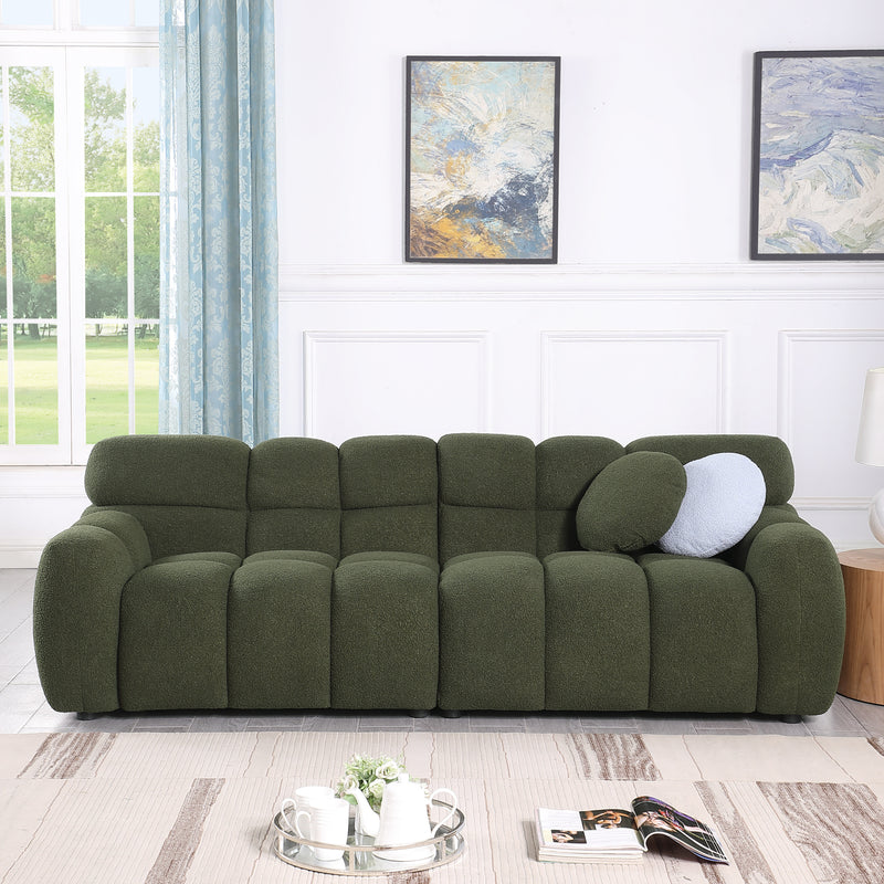 87.4 length ,35.83" deepth ,human body structure for USA people,  marshmallow sofa,boucle sofa ,3 seater, OLIVE GREEN BOUCLE