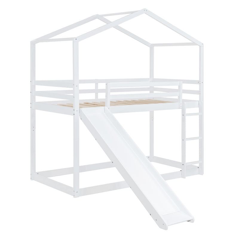 Twin Over Twin Bunk Bed with Roof, Slide and Ladder, White