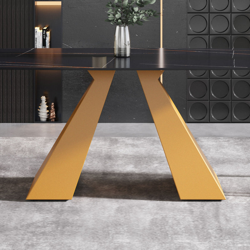 63" Artificial Stone Black Curved Golden Metal Leg Dining Table, 6 People - Black / Gold