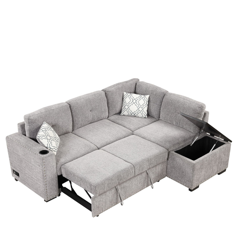 Sectional Pull-Out Sofa Bed L-Shaped Corner Sofa Couch With Storage Chaise, USB Ports, Power Sockets, Cup Holder For Living Room, Bedroom, Study