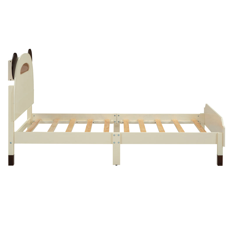 Twin Size Wood Platform Bed with Bear-shaped Headboard,Bed with Motion Activated Night Lights,Cream+Walnut