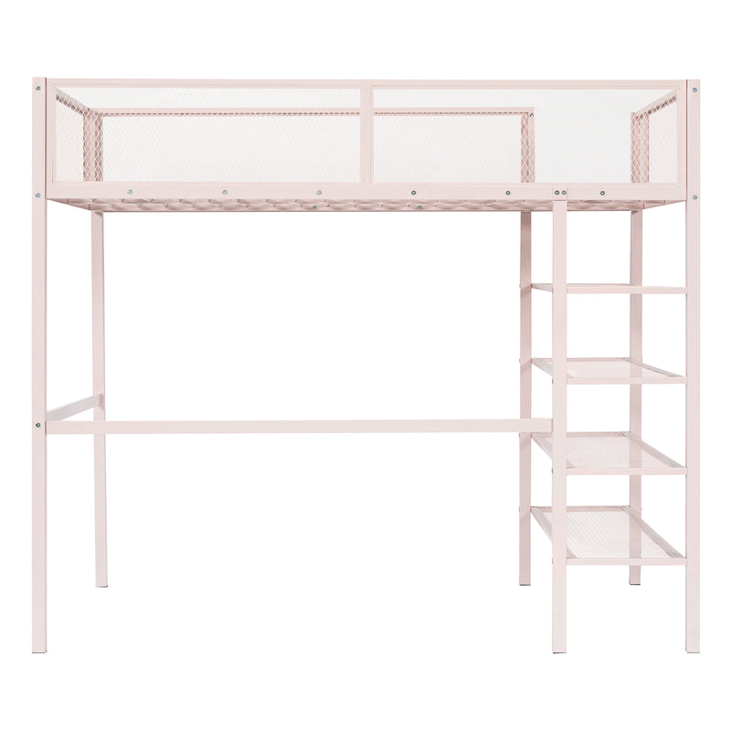 Twin Size Metal Loft Bed with 4-Tier Shelves and Storage, Pink