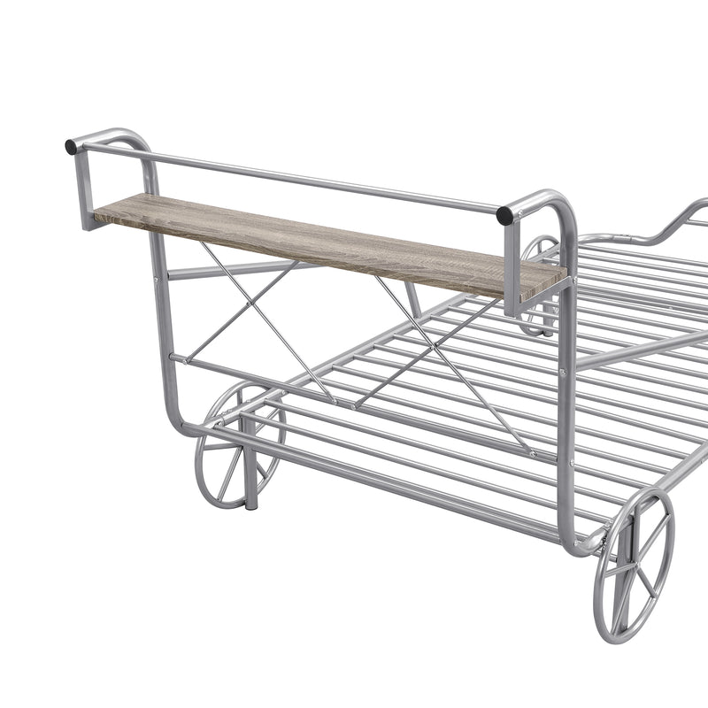 Twin Size Metal Car Bed with Four Wheels, Guardrails and  X-Shaped Frame Shelf, Silver(Old SKU: MF297599AAN)