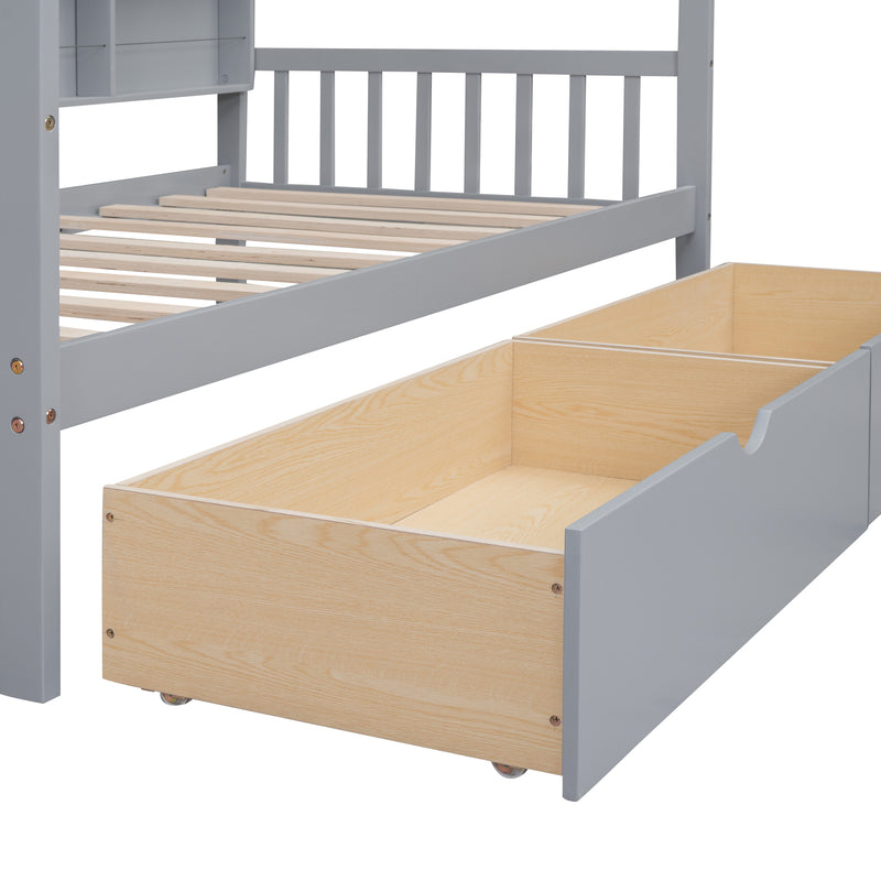 Wooden Twin Size House Bed with 2 Drawers,Kids Bed with Storage Shelf, Gray