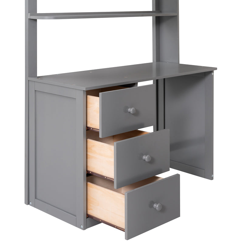 Twin size Loft Bed with Drawers,Desk,and Wardrobe-Gray