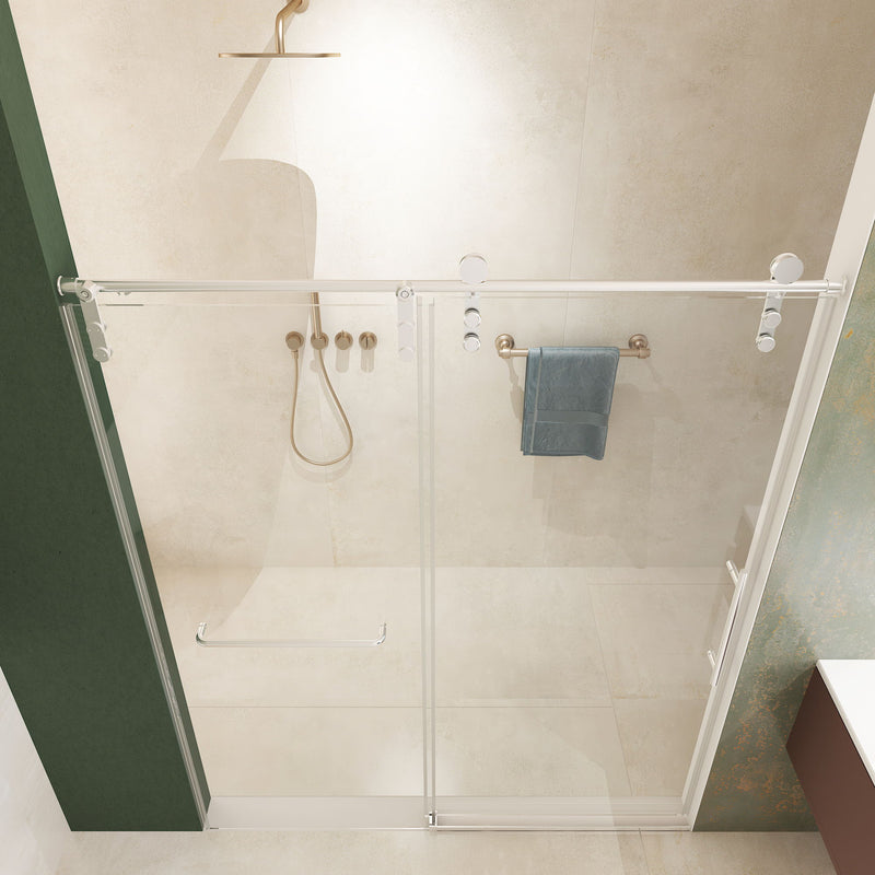 Frameless Shower Door, Sliding Shower Door, Premium 5 / 16" (8 Mm) Thick Tempered Glass Shower Enclosure With Towel Bar, Double Side Easy Clean Coat, Finished With Buffer