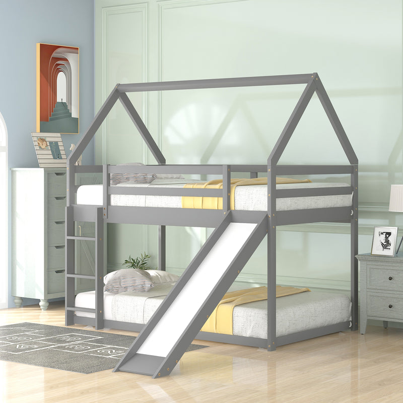 Twin Size Bunk House Bed with Slide and Ladder,Gray