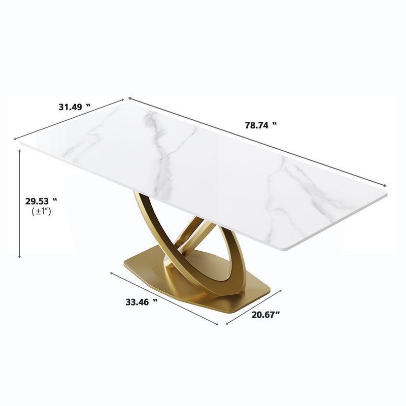 78.74" Modern Artificial Stone Panel Double-Ring Stainless Steel Metal Legs, Can Accommodate 8 People - White / Gold