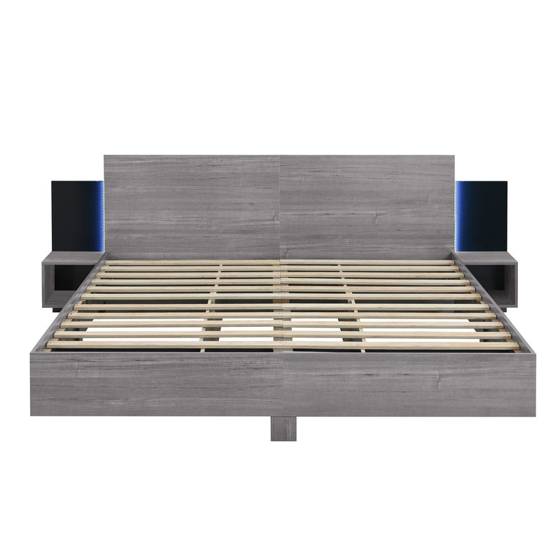 Floating Platform Bed, With LED Lights, Bedside Nightstand