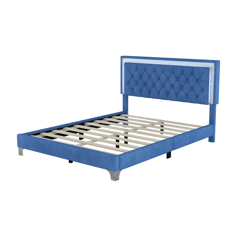 Queen Size Upholstered Bed Frame with LED Lights,Modern Velvet Platform Bed with Tufted Headboard,Blue