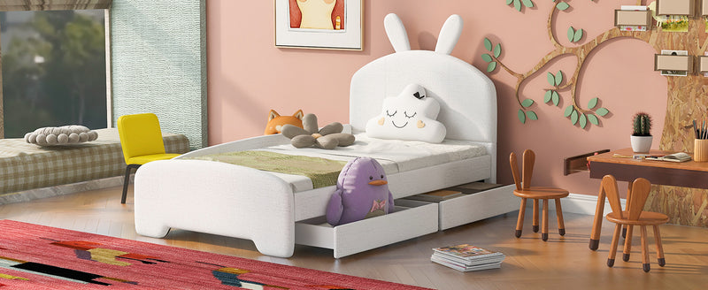 Twin Size Upholstered Platform Bed with Cartoon Ears Shaped Headboard and 2 Drawers, White