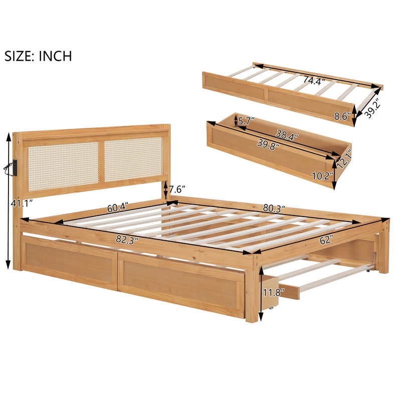 Queen Size Elegant Bed Frame with Rattan Headboard and Sockets ,Walnut