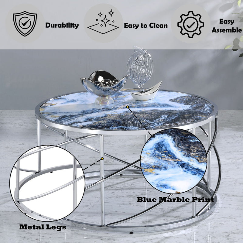 Lyda - Coffee Table - Blue Marble Print & Chrome