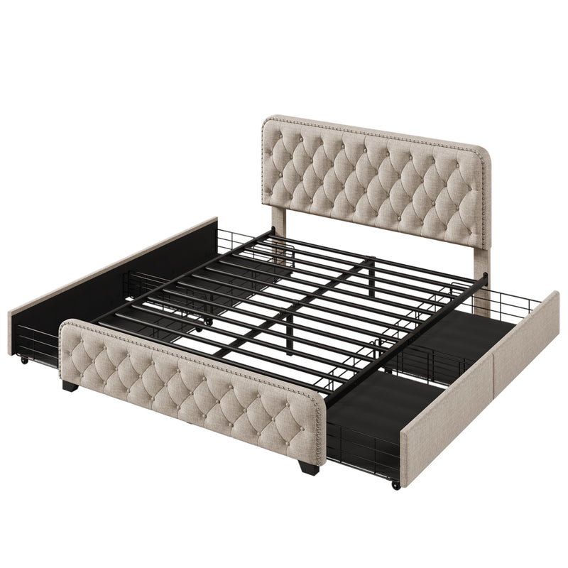 Upholstered Platform Bed Frame with Four Drawers, Button Tufted Headboard and Footboard Sturdy Metal Support, No Box Spring Required, Beige, Queen (Old sku:BS300279AAA)