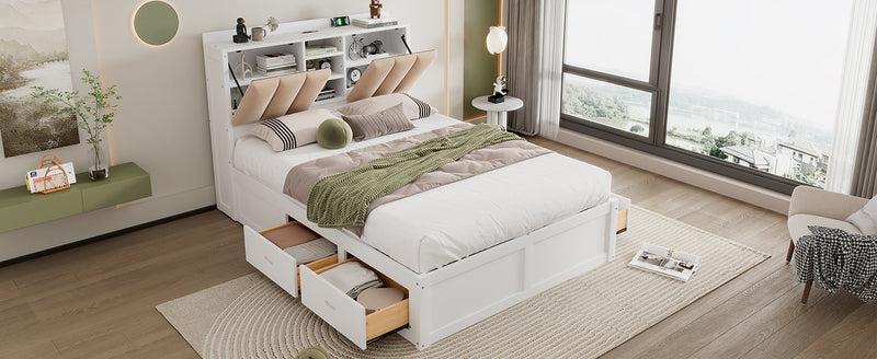 Wood Full Size Platform Bed with Storage Headboard and 4 Drawers, White