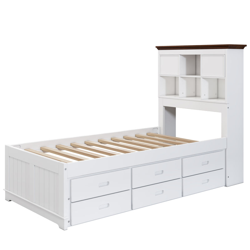 Solid Pine Captain Bookcase Bed with Trundle Bed and 3 Spacious Under Bed Drawers in Casual,Twin, White+Walnut