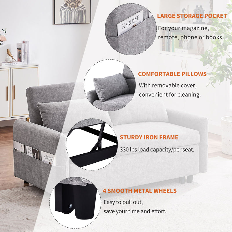 Pull Out Sleep Sofa Bed Loveseats Sofa Couch With Adjsutable Backrest, Storage Pockets, 2 Soft Pillows, USB Ports For Living Room, Bedroom, Apartment, Office