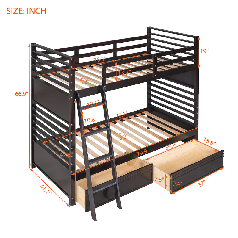 Twin over Twin Wood Bunk Bed with Two Drawers - Espresso