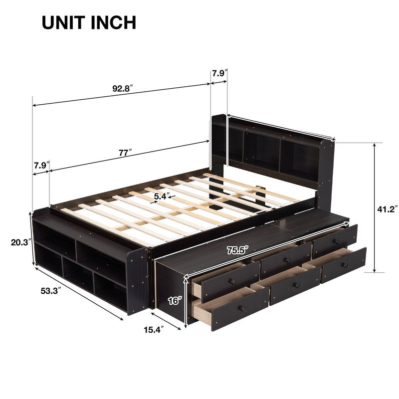 Bed With Bookcase Headboard, Under Bed Storage Drawers And Bed End Storage Case