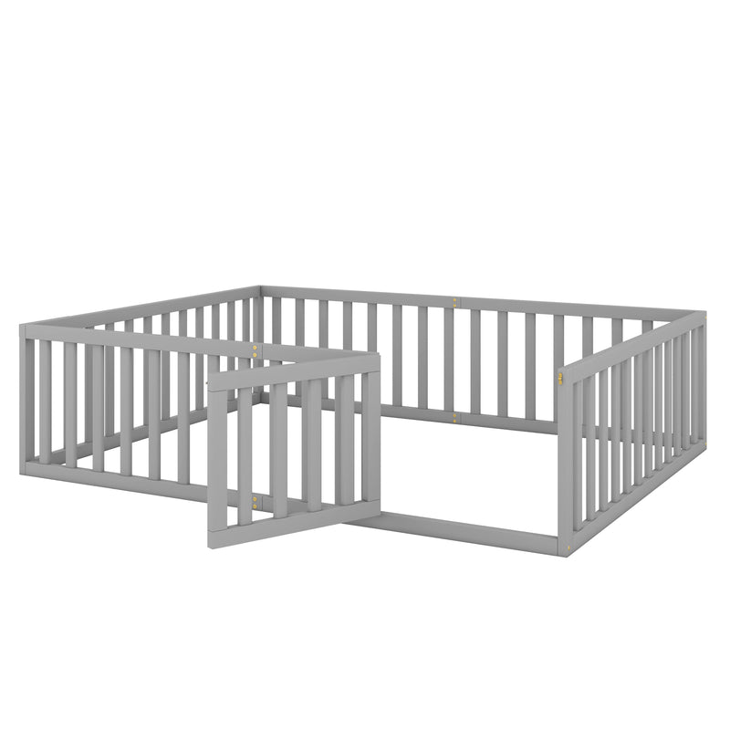 Queen Size Wood Floor Bed Frame with Fence and Door, Gray(OLD SKU:WF289663AAE)