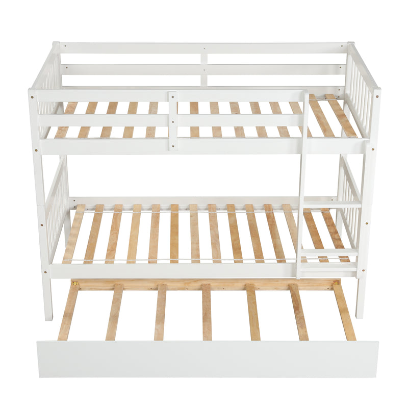 Twin Over Twin Bunk Beds with Trundle, Solid Wood Trundle Bed Frame with Safety Rail and Ladder, Kids/Teens Bedroom, Guest Room Furniture, Can Be converted into 2 Beds, White (Old Sku:W504S00028)