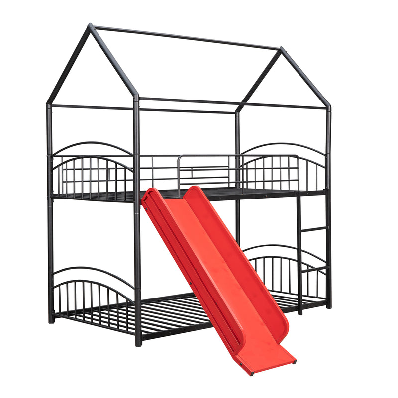 Twin Over Twin Metal Bunk Bed With Slide,Kids House Bed Black+Red