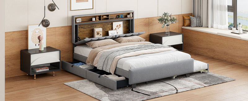 Queen size Upholstered Platform Bed with Storage Headboard, Twin XL Size Trundle & 2 drawers and a set of Sockets & USB Ports, Linen Fabric, Gray