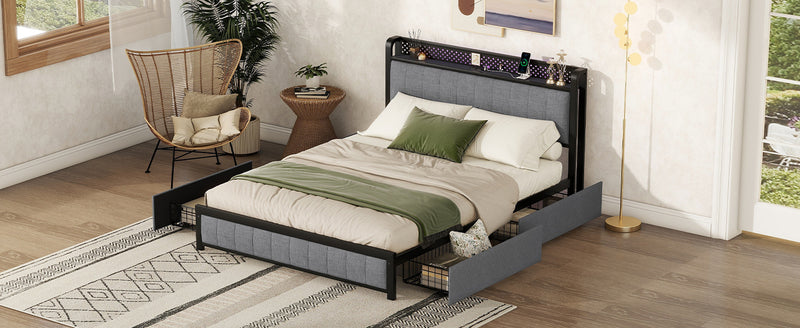 Queen Bed Frame with LED Headboard, Upholstered Bed with 4 Storage Drawers and USB Ports, Light Grey