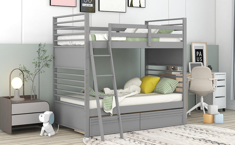 Twin over Twin Wood Bunk Bed with Two Drawers - Gray