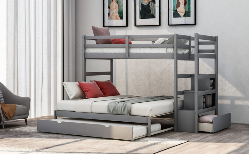 Twin Over Twin / King (Irregular King Size) Bunk Bed With Twin Size Trundle, Extendable Bunk Bed - Gray