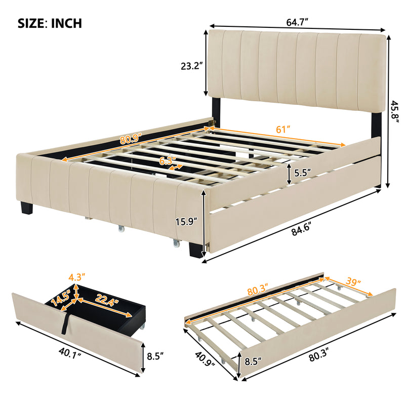 Queen Size Velvet Upholstered Platform Bed with 2 Drawers and 1 Twin XL Trundle- Beige