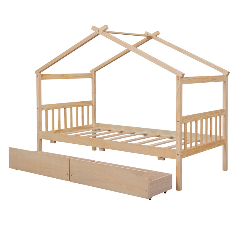 Twin Size Wooden House Bed with Drawers, Natural