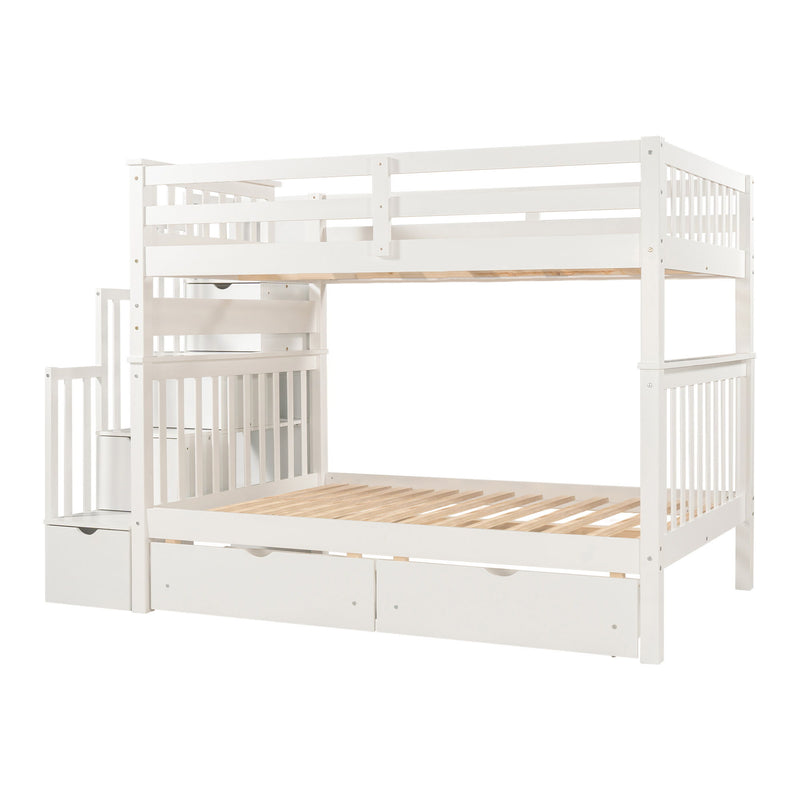 Full Over Full Bunk Bed With Shelves And 6 Storage Drawers - White