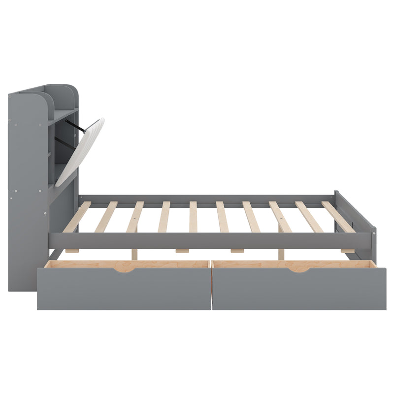 Wood Queen Size Platform Bed with Storage Headboard, Shelves and 2 Drawers, Gray