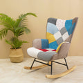 Accent Rocking Chair, Mid-Century Fabric Rocker Chair With Wood Legs And Patchwork Linen For Livingroom Bedroom