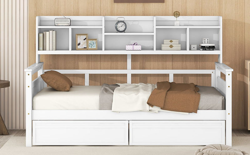 Daybed, Wood Slat Support, With Bedside Shelves And Two Drawers