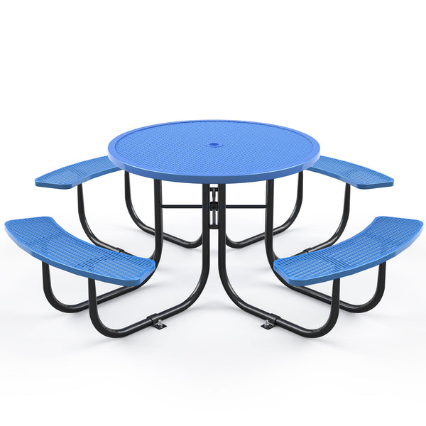 Outdoor Steel Picnic Round Table With Umbrella Pole - Blue