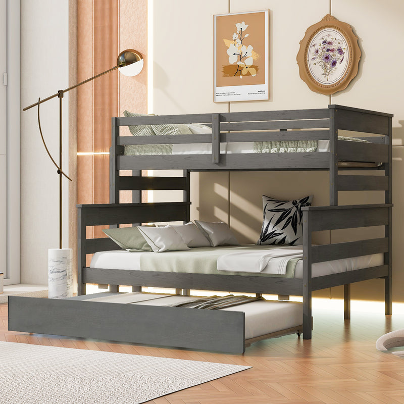 Wood Twin over Full Bunk Bed with Twin Size Trundle, Gray