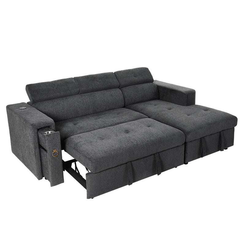 Multi-Functional Pull-Out Sofa Bed L-Shape Sectional Sofa With Adjustable Headrest, Wireless Charging, Cup Holders And Hidden Storage For Living Room