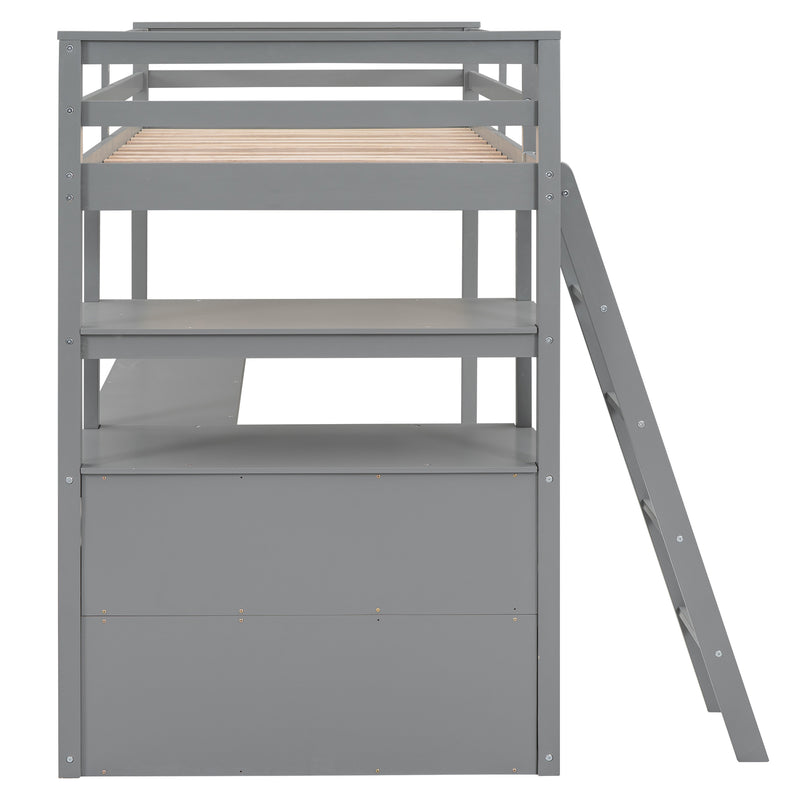 Twin Size Loft Bed with Desk and Shelves, Two Built-in Drawers, Gray(Old SKU: GX000423AAE)