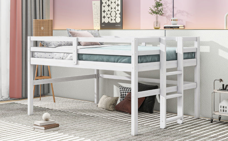 Wood Twin Size Loft Bed with Side Ladder, Antique White