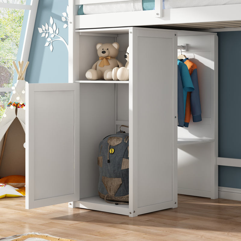 Twin Loft Bed with Wardrobe, Storage Shelves and Ladder, White