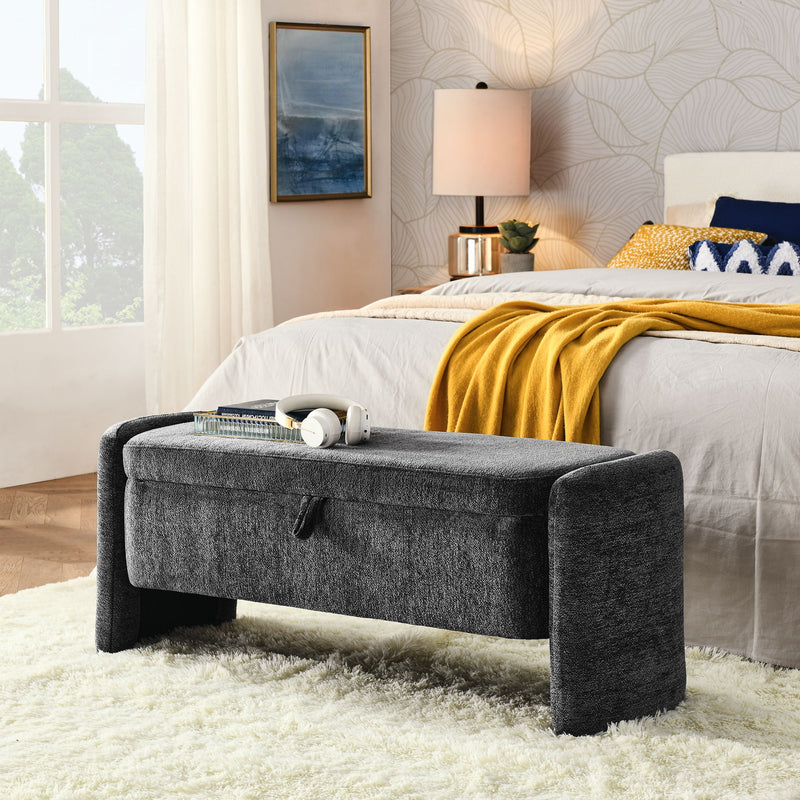 Oval Ottoman Storage Bench Chenille Bench With Large Storage Space For The Living Room, Entryway And Bedroom