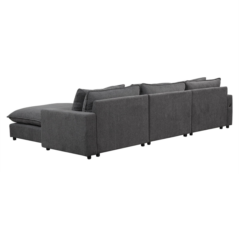 Sectional Sofa Cloud Sofa Chenille Upholstered Sofa Couch With Movable Ottoman, Comfortable Seat Cushions, Charging Ports And Three Back Pillows For Living Room